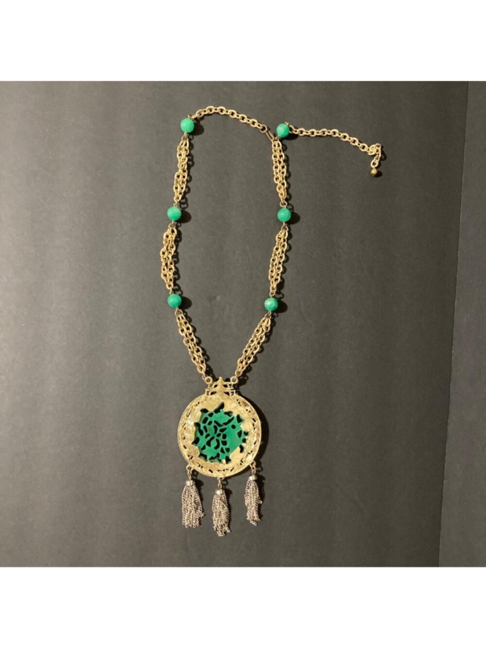 Carved Bird Faux Jade Large Medallion Pendant Necklace With Tassels 1960s - Picture 3 of 6